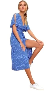 Lulus Maretta Blue and White Floral Print Wrap Midi Dress XS NWT Tie - Picture 1 of 13