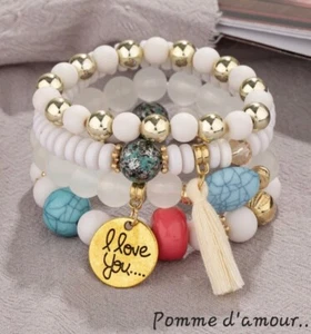 Bracelet Multi-rang Perles Blanches et ses Breloques, Élastique. Élégant. Neuf - Imagen 1 de 2