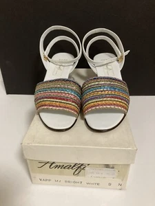 VTG 70s AMALFI WHITE LEATHER ANKLE STRAP MULTI COLOR WEDGE SANDAL SHOES -NOS BOX - Picture 1 of 9