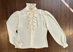 70er Jahre durchsichtiger Smoking Rüsche Kragen Bluse groß Vintage edwardianischer Stil Elfenbein Gr. S - Bild 1 von 7