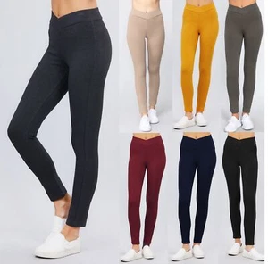 Women's Skinny Ponte Mid-rise Pants Seagull Shaped Elastic Waist Rayon Leggings - Picture 1 of 33