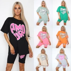 Ladies Women's Amour T shirt Short Co Ord Set Dance Gym Tracksuit loungewear - Picture 1 of 10