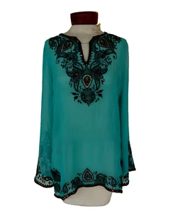 Cache Silk Blouse Top Tunic Sz M Sheer Long Sleeves Beaded Embroidered NWT $118 - Picture 1 of 8