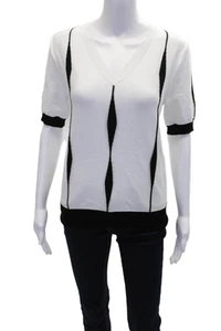 MK Metric Knits Womens Printed V-neck Short Sleeve Blouse Top White Size L - Picture 1 of 6