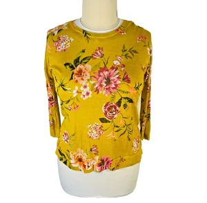 LOFT - NWT Thin Knit Sweater Women's L Yellow Floral 1/2 Sleeve Crew Neck - Picture 1 of 10