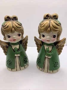 Coppia Angeli Vintage Natale Cartapesta MCM Verde Brillante, Uccellino che tiene, Mod Oro - Foto 1 di 7