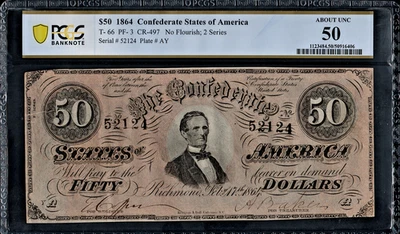 PCGS 50! 1864 CONFEDERATE STATES T-66  $50 NOTE - Image 1 of 2