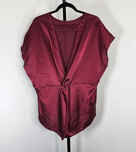 Shein Plus Deep V-Neck Short Sleeve Silk Top-Maroon-4XL - Picture 1 of 5