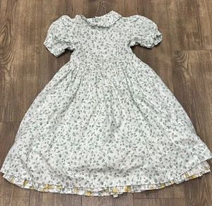 Pegeen Girls Green Floral Lines Ruffle Dress Short Puff Sleeve Cotton Size 6 - Picture 1 of 8