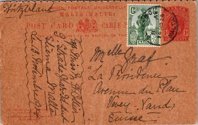 MALTA 1924 BRITISH POSTAL UPRATED STATIONERY POSTCARD ADDR SUISSE & POSTMARK - Image 1 of 2