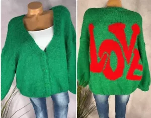 NEU Grob Strick Boucle Cardigan Italy LOVE Mohair Wolle GRÜN 38 40 42 - Bild 1 von 6