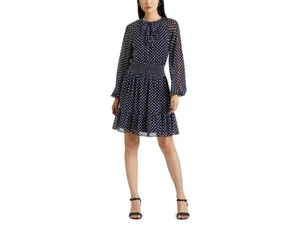Lauren Ralph Lauren Polka Dot Chiffon Long Sleeve Dress Women's 6 Navy/White - Picture 1 of 15