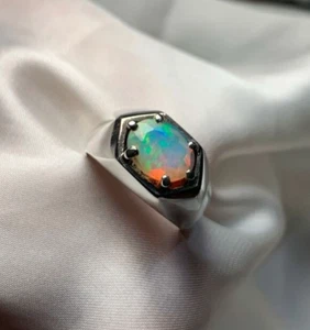 Natural Ethiopian Fire Opal Ring Solitaire 925 Sterling Silver Statement Rings - Picture 1 of 5