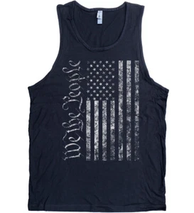 We the People American Flag Distressed WHITE Ink Screen Print on Men's Tank Top - Picture 1 of 1