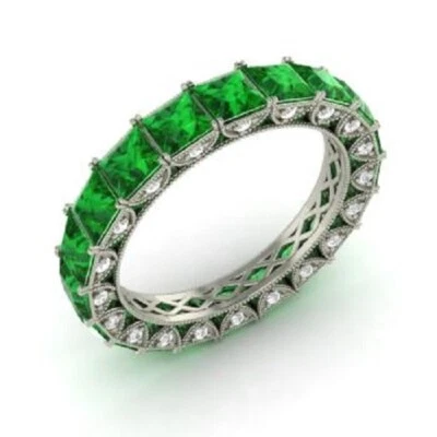 Alianza de eternidad nupcial de boda de diamantes esmeralda natural de 3,75 quilates de oro blanco de 14 quilates Foto 1 de 4