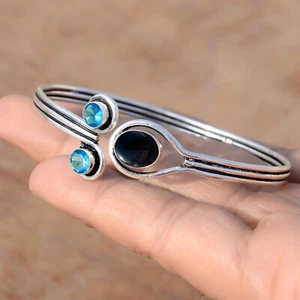 Black Onyx & Blue Topaz Gemstone Cuff 925 Sterling Silver Executive Bracelet - Picture 1 of 7
