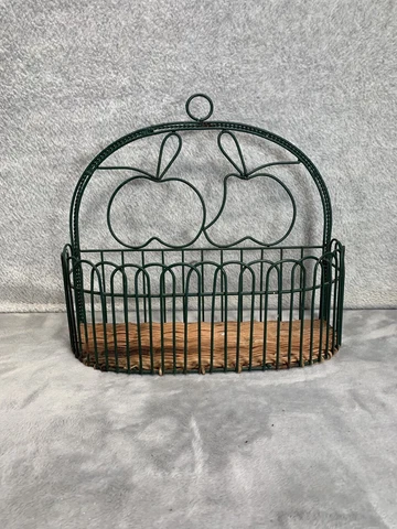 Half Circle Wicker & Green Gold Painted Metal Hang Or Sit Apple Basket Cover
