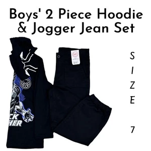 Kid Boys' Casual Pull On Black Panther Hooded Sweat Shirt & Jogger Jeans Size 7 - Picture 1 of 5