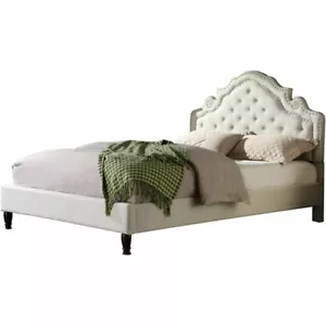 Best Master Furniture Theresa Linen Fabric King Bed with Nailhead Trim in Beige - Picture 1 of 2