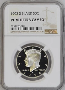 :1998-S S50C SILVER KENNEDY HALF DOLLAR NGC PROOF PF 70 UCAM RARE R3 HIGH GRADES - Picture 1 of 2
