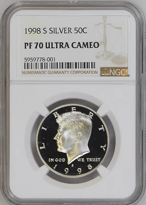 :1998-S S50C PLATA KENNEDY MEDIO DÓLAR PRUEBA NGC PF 70 UCAM RARO R3 ALTOS GRADOS Foto 1 de 2