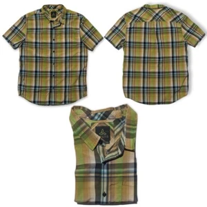 Prana Shirt Mens L Short Sleeve Button Up Neon Multicolor Plaid Outdoors EUC - Picture 1 of 4