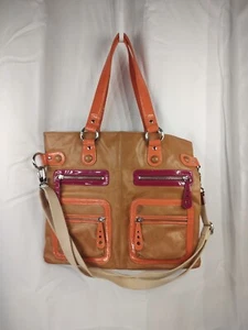 Kate Landry braune Leder Retro Handtasche mit orangem Riemen und Crossbody Adj. Armband - Bild 1 von 6