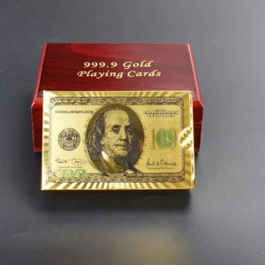 24K Karat 99,9 % REIN VERGOLDET 100 Dollar Spielkarten DECK MIT HOLZBOX - Bild 1 von 4