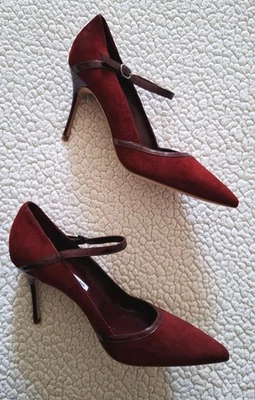 MANOLO BLAHNIK Chiku Haima Burgundy Suede Ankle Strap Pumps EU 41 US 11 Org $845 - Image 1 of 4