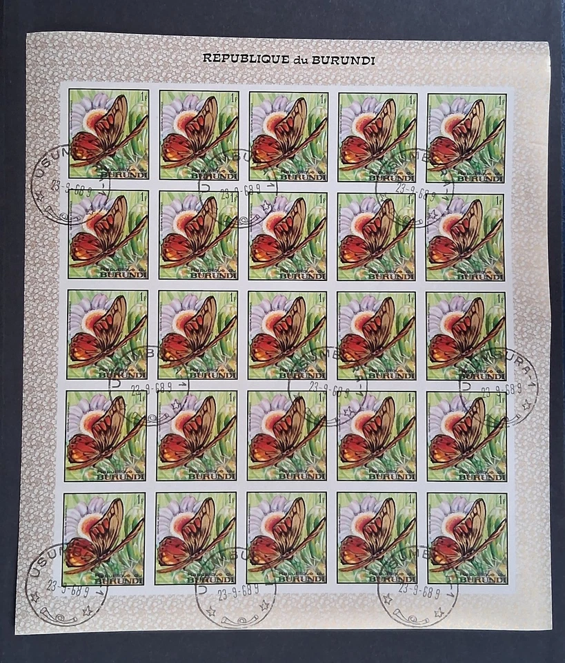 Burundi 1968 Butterflies FULL sheet 1f  IMPERFORATE CTO OG RRR - Image 1 of 1