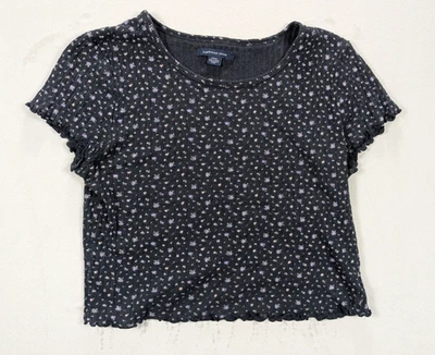 Camiseta American Eagle feminina pequena floral crop top bebê borda de alface com nervuras - Imagem 1 de 4