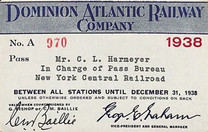 Dominion Atlantic Railway - Railroad Annual Pass - 1938 - Picture 1 of 2