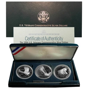 1994 P US Veterans Commemorative Silver Dollars 3-Coin Proof Set OGP & COA - Picture 1 of 1