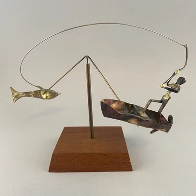 Vintage Kinetic Balancing Sculpture Fisherman Boat Fish Metal on Wood Base - Image 1 of 4
