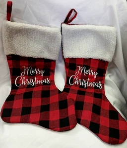 BUFFALO PLAID STOCKINGS MERRY CHRISTMAS EMBROIDERED SET OF 2 RED BLACK WHITE - Picture 1 of 7