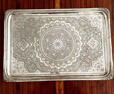 Vassoio antico argento persiano IRAN cesellato a mano 1800 con marchio  g. 648 - Immagine 1 di 4