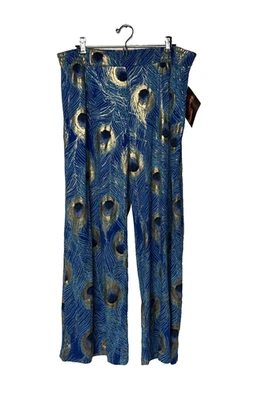 Pantalones para mujer Iman talla XLP patrón de plumas de pavo real azul dorado Palazzo nuevos con etiquetas Foto 1 de 4
