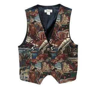 Vintage 90s Tapestry Travel Trains Blanket Themed Academia Vest size Small - Picture 1 of 8