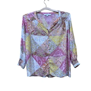 Blusa Rosa + Oliva Mujer Pequeña Multicolor Paisley Floral Botón Frontal Boho - Imagen 1 de 13