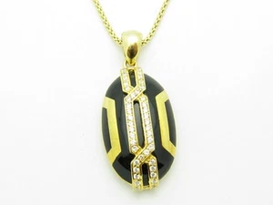18KT GOLD STERLING SILVER DIAMOND SET WHITE SAPPHIRE BLACK RESIN OVAL NECKLACE - Picture 1 of 1