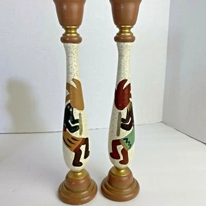 Kokopelli Wooden Candlestick Holders Hand Painted & Signed Pair 11"T V145 - Picture 1 of 7