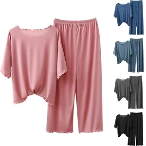 Spring Women's Pajama 2Pcs Sets Loose Soild Color 3/4 Sleeve Tops and Pants - Picture 1 of 30