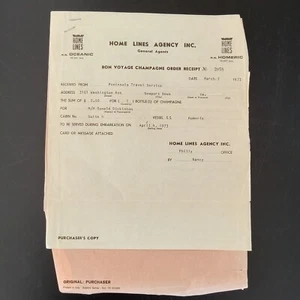 SS OCEANIC Home Lines Agency Cruise Line Champagne Order Receipt March 7, 1973 - Picture 1 of 3