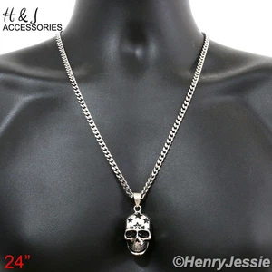 24"MEN Stainless Steel 5mm Silver Cuban Curb Link Chain Skull Head Pendant*P84 - Picture 1 of 6