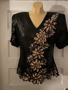 Vintage Stenay Damen schwarz & gold Pailletten Perlen Seide Cocktail Abend Top Gr. S gebraucht, in einwandfreiem Zustand - Bild 1 von 7