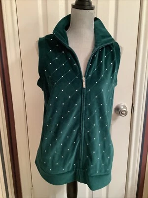 Quacker Factory Green Velour Velvet Full Zip Up Vest Womens S Studded Holidays - Image 1 of 4