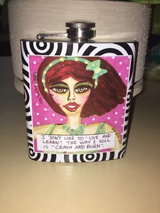 Bad Girl Couture “Crash And Burn” Female Art Flask 7 Oz Stainless Steal - Picture 1 of 4