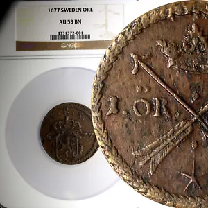 Sweden CARL XI 1677 Ore, S.M. NGC AU53 BN TOP GRADED ! OVERSIZE SLAB KM#264a (1) - Picture 1 of 5