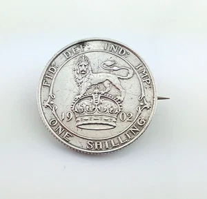 ANTIQUE EDWARD VII 925 SILVER 1902 ONE SHILLING COIN BROOCH 6.3g - Picture 1 of 6