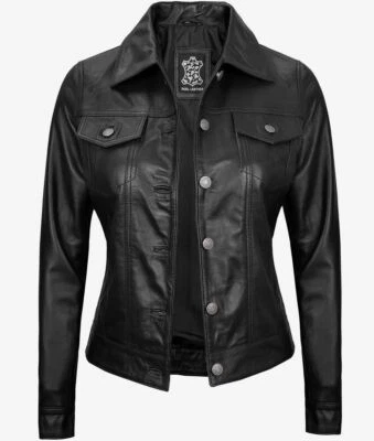 Women's Stylish Design Slim Fit Moto Trucker Real Sheepskin Black Leather Jacket - Image 1 of 4